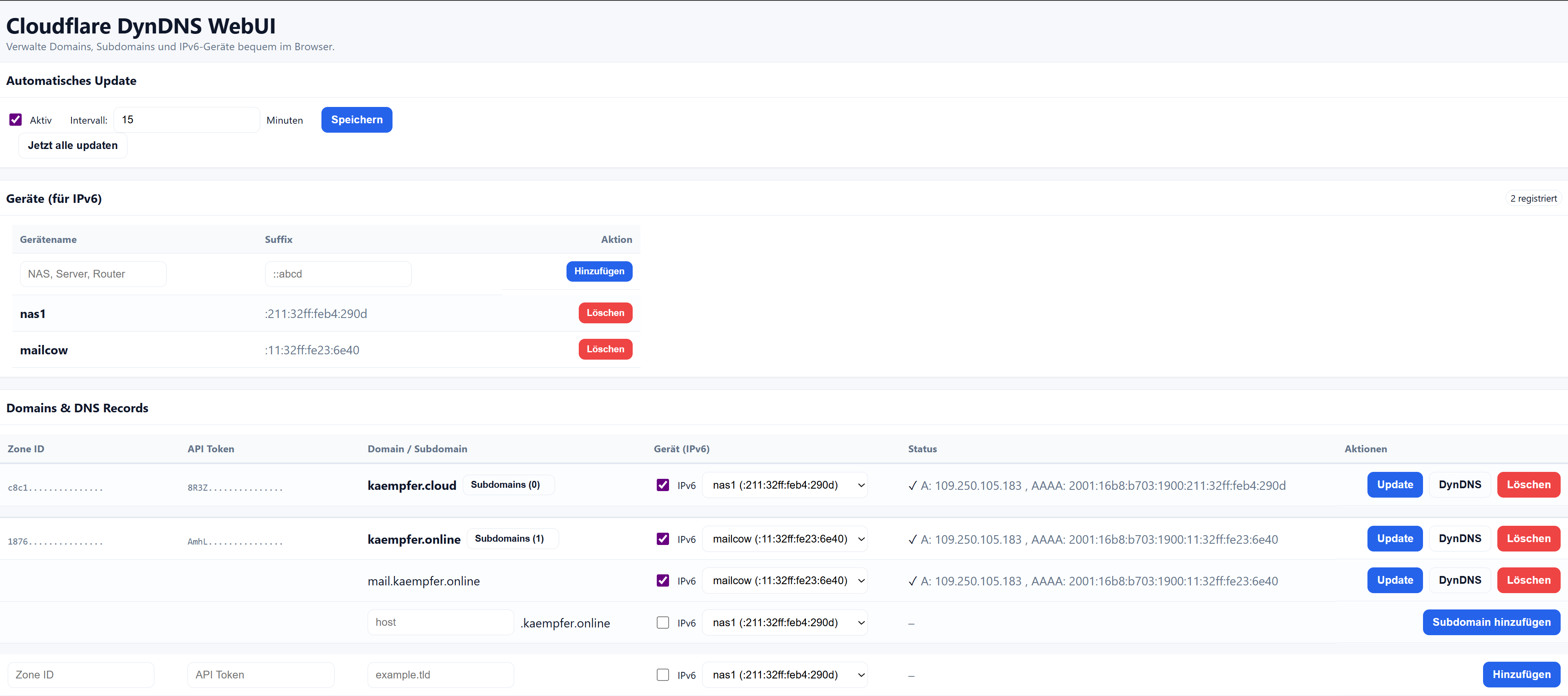 Screenshot von der Cloudflare DynDNS WebUI